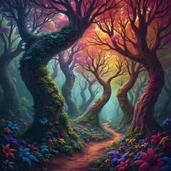 Wall Mural - a psychedelic forest, where the trees bend and swirl into fractal patterns, their leaves morphing in