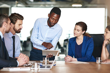 Poster - Tablet, group meeting and business people with manager for planning, training or cooperation. Team, technology and brainstorming ideas for finance investment, sales revenue and discussion in office