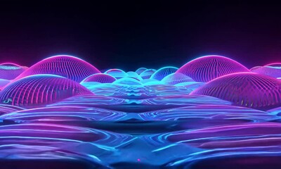 Wall Mural - Vibrant abstract landscape with glowing waves in shades of pink and blue against a dark background