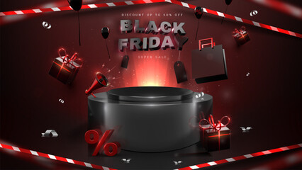 Wall Mural - Black Friday template with a blank black stand decorated with realistic 3D elements such as balloons, ribbons, megaphones, gift boxes, discount signs and %.