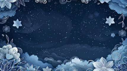 Wall Mural - ark blue sky with white clouds, a starry night, with an intricate border of lace and silver filigree