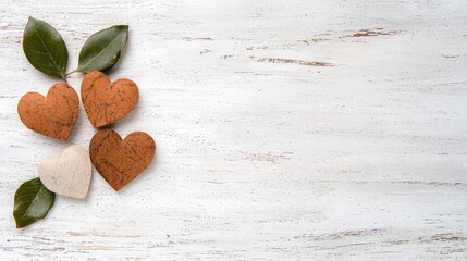 Rustic hearts, leaves, wood background; love, romance, greeting card