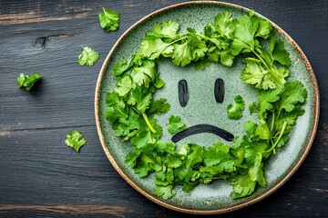 Crying emoji made of coriander leaves.