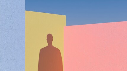 Silhouette man, pastel walls, sunset sky, design concept