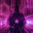 © Aleena - hacker in a dark hoodie sitting behind a laptop with a lock icon on the screen, surrounded by digital code and symbols of security network technology