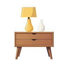 Poster - A simple modern nightstand made of wood with a yellow lamp and a white vase on top.