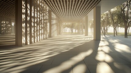 Wall Mural - sunlit modern pavilion with perforated walls.