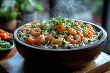 Steaming shrimp rice bowl, kitchen setting