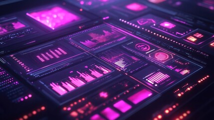 Futuristic data analysis screen displaying charts, graphs, and metrics in a dark, digital environment for tech presentations