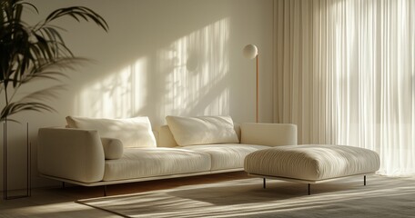 Wall Mural - Soft light filtering through curtains illuminates a neutral-toned modern living room with cozy seating