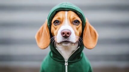 A beagle wearing a green hoodie poses confidently against a blurred background, showcasing its adorable features and playful personality.