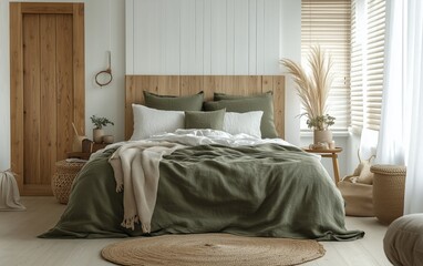 Wall Mural - Cozy bedroom with earthy tones and natural light in a serene setting