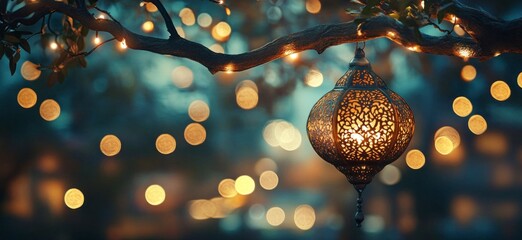 Wall Mural - A beautifully crafted lantern hanging from an outdoor tree, illuminated by warm golden light, surrounded by twinkling fairy lights and a soft bokeh background