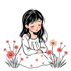 Wall Mural - an image of a girl sitting in the grass with flowers, illustration of a girl sitting in a field of flowers