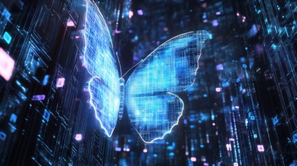 Digital butterfly soaring in a futuristic data stream, technology background, AI concept