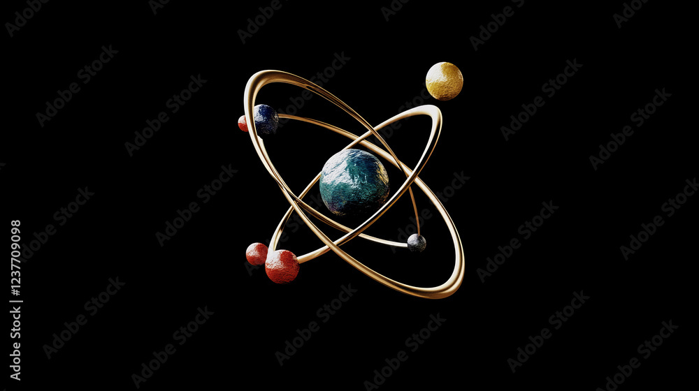Retro groovy atom with electrons orbiting around a central nucleus with ...