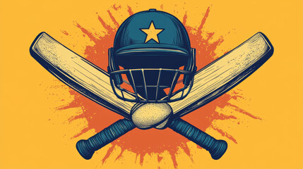 Cricket championship icon with crossed bats, player helmet and ball. Sport game competition emblem, cricket club tournament vector symbol. Cricket sport team vintage sticker with game equipment