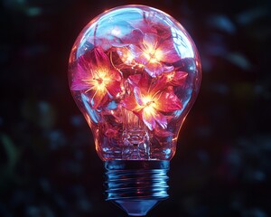 Poster - A conceptual light bulb glowing brightly, representing an innovative breakthrough, filled with creative and futuristic digital elements, highdefinition ultrarealistic render