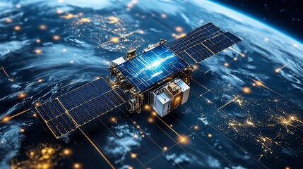 Poster - Global internet communications on a mobile phone, showcasing the world wide web via wireless satellite network, hightech digital atmosphere, ultraHD quality