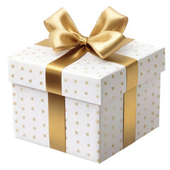 A white cardboard box wrapped with a golden ribbon