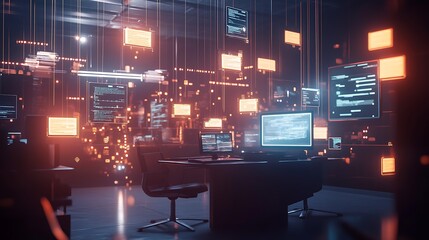Dark room with code on floating screens
