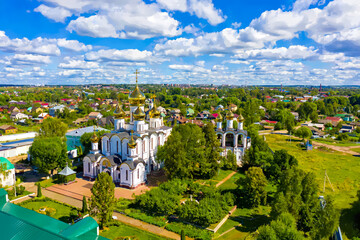 Wall Mural - Pereslavl-Zalessky, Russia. Watercolor illustration. Nikolsky monastery. Nunnery. Aerial view