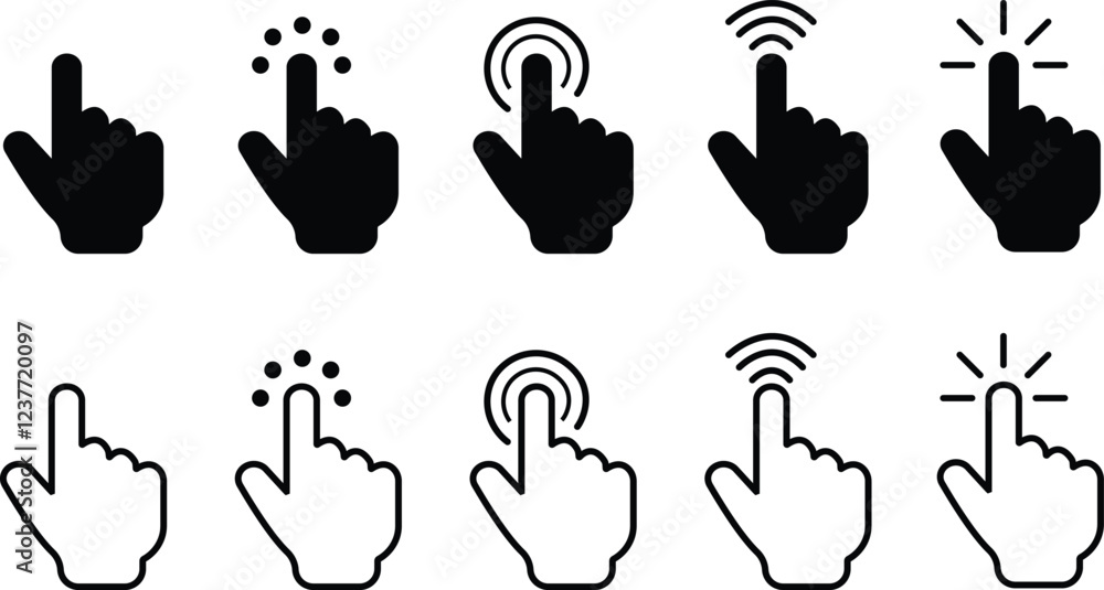 Click with hand cursor icon in flat line set design. Isolated on ...