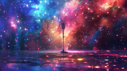 Wall Mural - vibrant stage with an empty microphone, surrounded by mesmerizing lights and colorful rays of light 