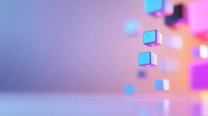 Wall Mural - Colorful cubes falling in a futuristic studio; soft light background; perfect for tech or design presentations