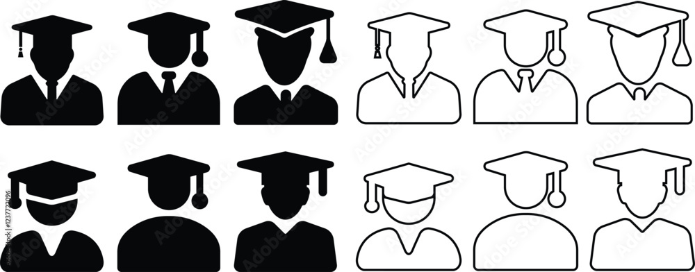 Graduated student with cap hat icon in flat and line set version ...