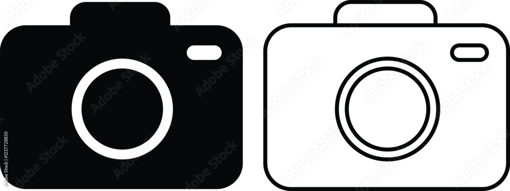 photo camera of rounded square shape icon in flat line set. different ...