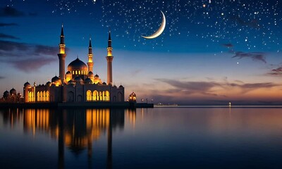Wall Mural - Majestic mosque illuminated at dusk with a crescent moon and stars reflecting on calm waters