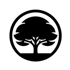 Wall Mural - Symbolic Tree Icon: A stylized black and white illustration of a tree within a circle, representing growth, stability, and nature. This minimalist design is perfect for logos, branding.