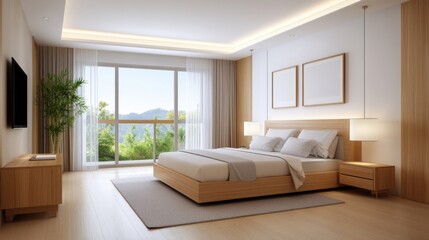 Wall Mural - Modern and Minimalist Bedroom Interior Design with Large Windows and Scenic View of Nature