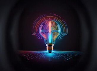 Wall Mural - a glowing lightbulb, imbued with vibrant circuitry, symbolizes innovation and technological advancem