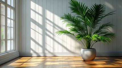 Wall Mural - Sunlight streams into room with potted palm plant