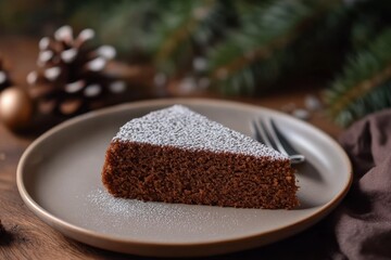 Wall Mural - A slice of gingerbread cake dusted with powdered sugar