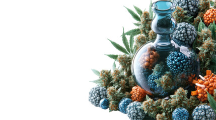 Colorful glass bottle surrounded by vibrant plant elements in a creative arrangement. transparent background