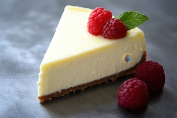 Wall Mural - Creamy Cheesecake Slice Topped With Raspberries And Mint