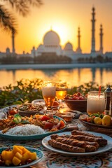 Wall Mural - A photo of an evening iftar in front of the grand white mosque at. In background sunset view with plates filled and some glasses, traditional food from bedouin culture on table.