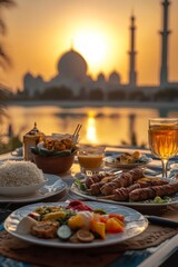 Wall Mural - A photo of an evening iftar in front of the grand white mosque at. In background sunset view with plates filled and some glasses, traditional food from bedouin culture on table.