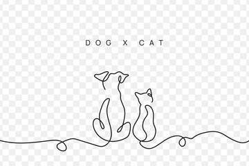 Naklejka na meble Cute Cat and Dog single line art vector illustration. Continuous one line drawing of cat and dog.