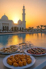 Wall Mural - A photo of an evening iftar in front of the grand white mosque at. In background sunset view with plates filled and some glasses, traditional food from bedouin culture on table.