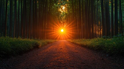 Wall Mural - Sunburst path through forest at sunset; nature scene