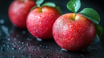 Wall Mural - Three red apples with leaves, wet surface, dark background; food photography