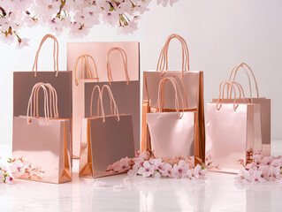 Rose gold shopping bags elegant boutique packaging luxury retail branding modern commercial presentation premium metallic paper bag glossy minimalist aesthetic high end merchandise store display chic