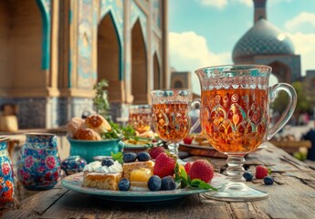 two glasses with Persian tea and a plate full of food in front, a mosque background, the traditional architecture of Isfahan in the background