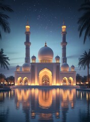 Wall Mural - A mosque illuminated under the stars at night, showcasing its grandeur and beauty in realistic style. The architecture is detailed with ornate domes and minarets