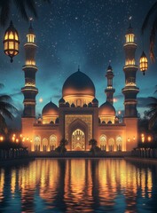 Wall Mural - A mosque illuminated under the stars at night, showcasing its grandeur and beauty in realistic style. The architecture is detailed with ornate domes and minarets