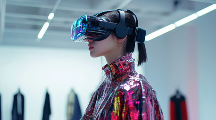 Two multi ethnic tailors in VR headsets in atelier. 3D female hologram of garment pattern. Virtual interface menu of program for designing and modeling clothes. Concept of AR modern technologies.